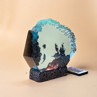 Epoxy Resin Ocean Lamp, shark and turtle  Night light, Resin Wood lamp, Free Diving, Unique Summer Gift- Home decor