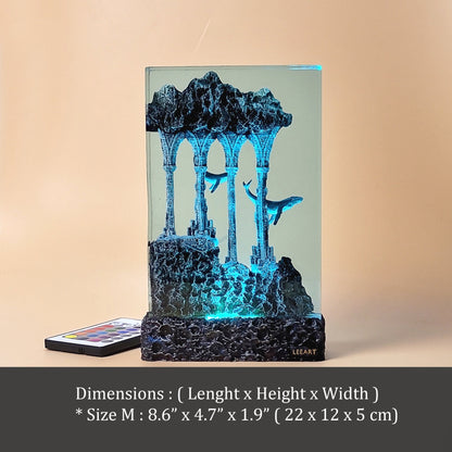 Epoxy resin ocean lamp, pair of whales under ancient ruins Night lamp Plastic wooden lamp, handmade lamp, Unique summer gift,Home decoration