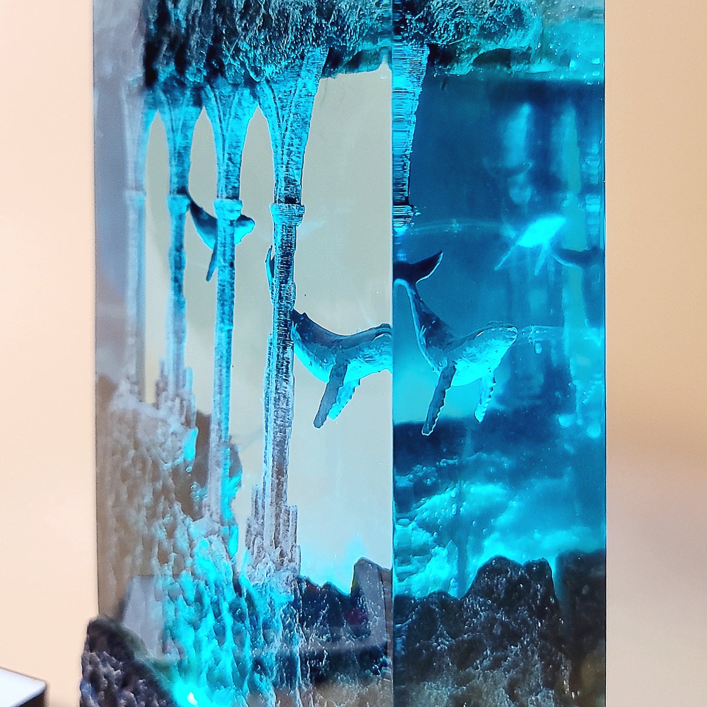 Epoxy resin ocean lamp, pair of whales under ancient ruins Night lamp Plastic wooden lamp, handmade lamp, Unique summer gift,Home decoration